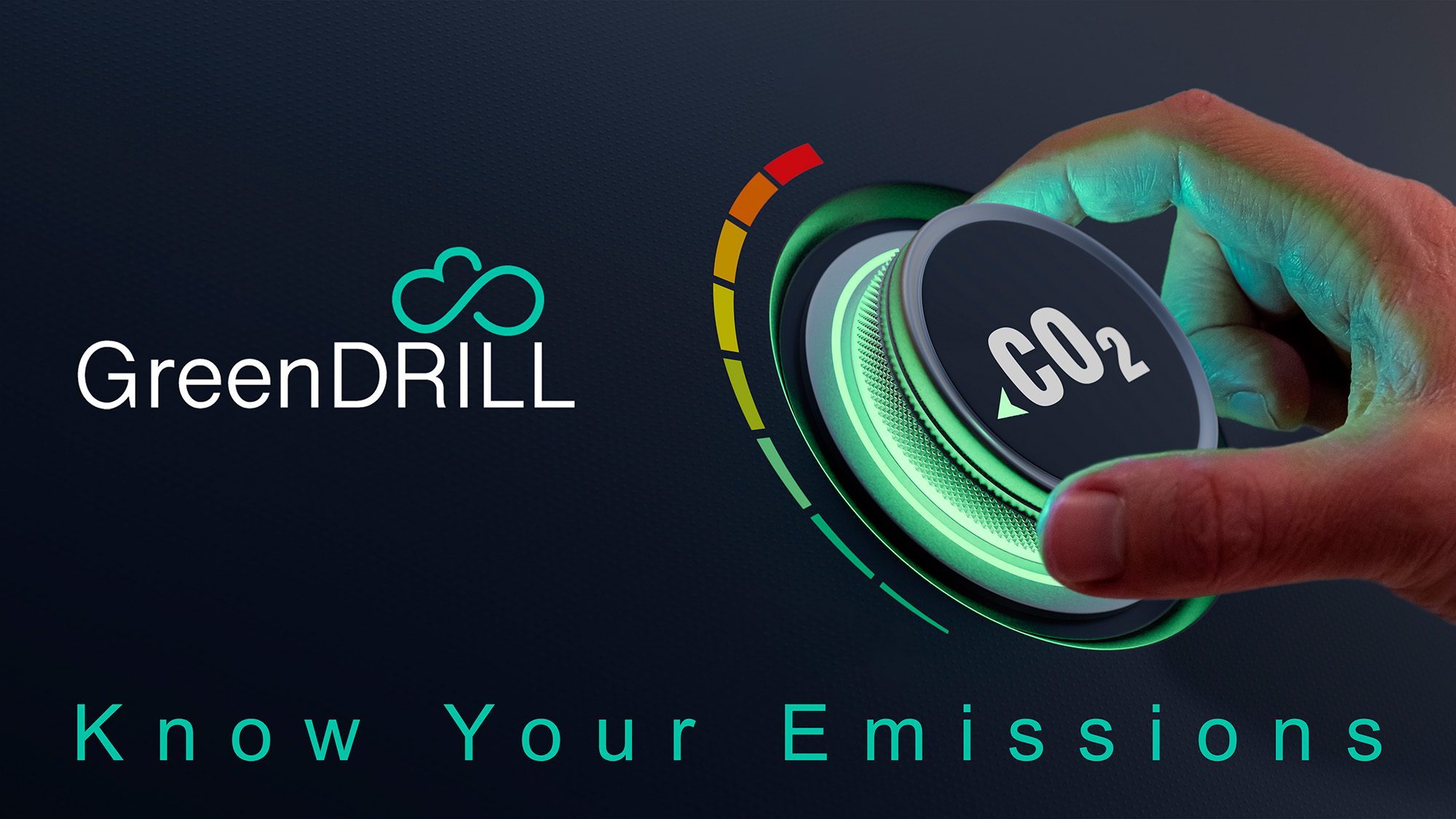 Photo of a hand adjusting a dial labeled "CO2", the Greendrill logo and text "Know your emissions"