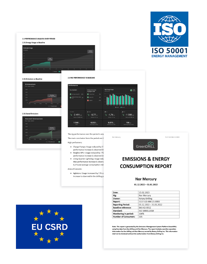 Symbols and illustrations showing iso and crsd certifications